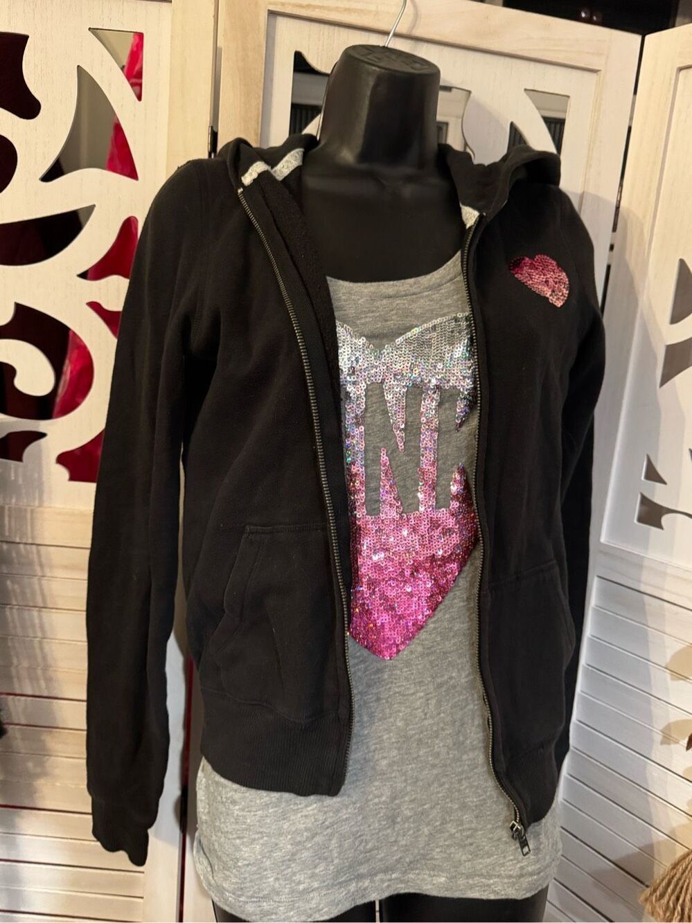Vs pink y2k ombré pink iridescent heart sequin set -zip up hoodie & matching tee